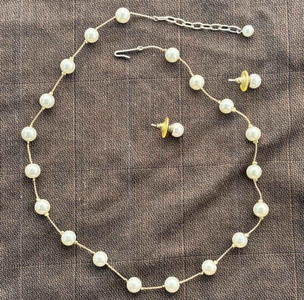 Faux Pearl Necklace & Earrings Set Gold Tone 18" Adjustable Beaded Jewelry
